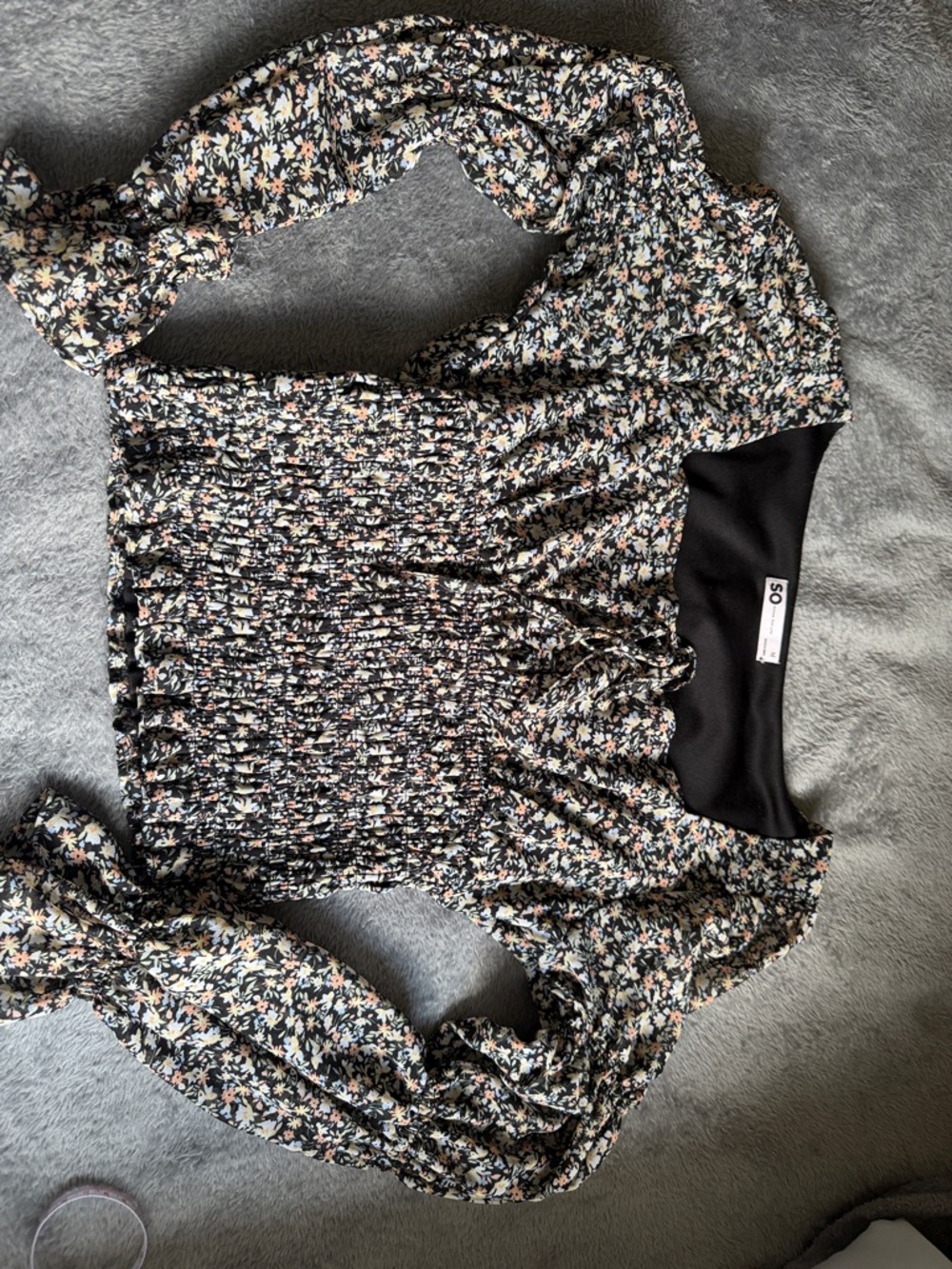 SO Black Floral Smocked Long Sleeve Blouse